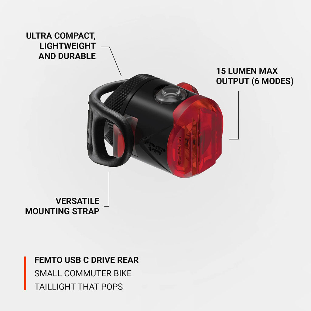 Lezyne Femto USB Drive Rear Light - Black (15 Lumens) - Cyclop.in